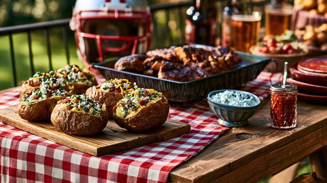 A tailgate party setup featuring loaded baked potatoes beside grilled meats and beverages on an outdoor serving table