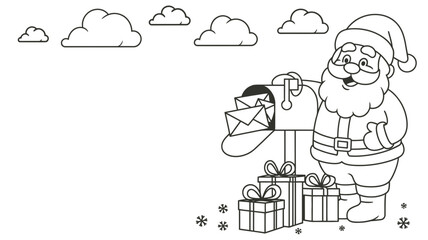 Fototapeta premium Santa claus with mailbox and christmas presents coloring page christmas presents celebration coloring illustration