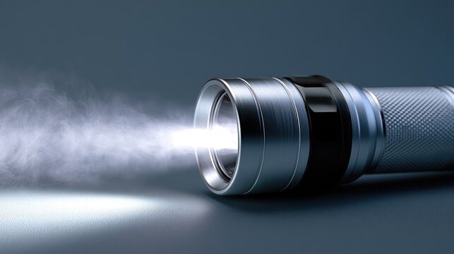 Silver metallic flashlight shines bright beam through wispy smoke