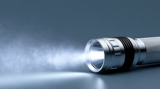 Metal flashlight with bright beam illuminating wisps of smoke