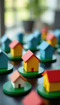 Colorful miniature houses arranged on green bases within an office space. Tiny homes are displayed on a table, suggesting real estate planning or architectural design concepts.
