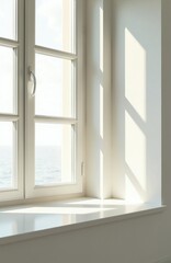 Obraz premium Window view over ocean water. Sunlight streams into empty room, casting geometric shadows on white wall. Bright daylight illuminates interior sill. Calm sea visible outside.