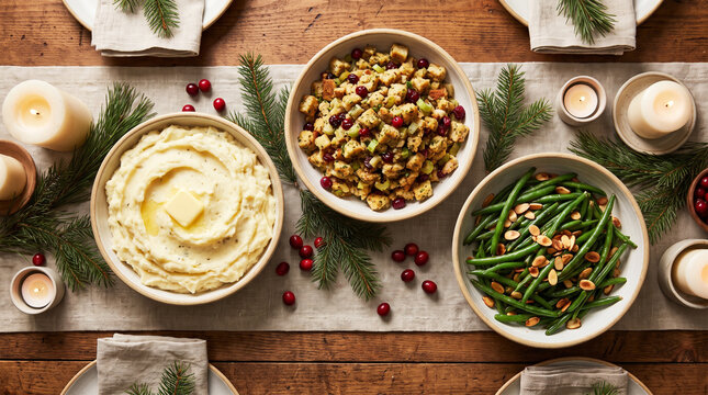 Top view of thanksgiving dinner side dishes with mashed potatoes and stuffing thanksgiving