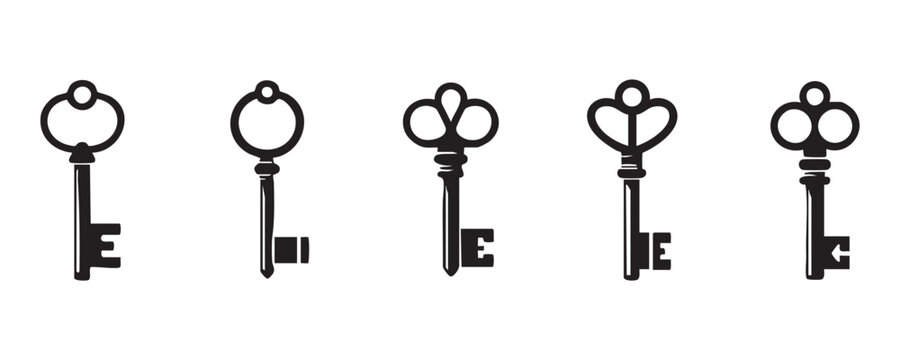 Collection of various decorative skeleton keys in black flat design on a transparent grid background.