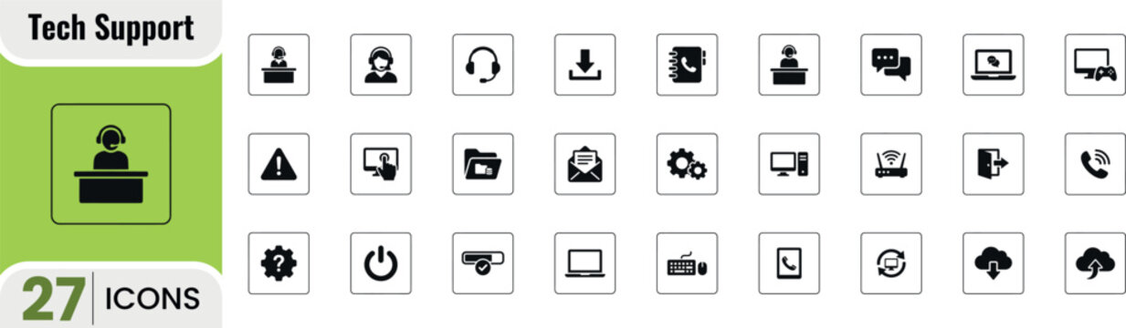 Tech support solid icon set vector for digital assistance and it services with customer service headset and remote assistance symbols