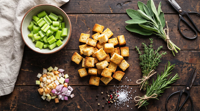 Fresh ingredients for stuffing with celery, croutons, herbs, and spices thanksgiving