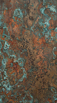 Abstract texture of rusted copper and turquoise patina on oxidized metal surface