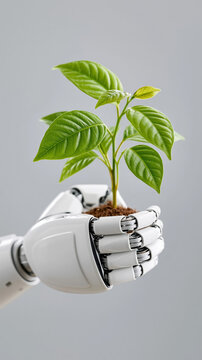 Futuristic robotic hand nurturing young green plant signifying technology and nature harmony