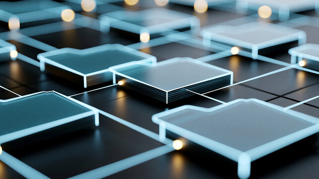 Abstract data structure with connected digital folders on a dark surface, database management, cloud storage solutions , with copy space