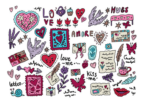 A set of doodle icons for Valentine's Day. A collection themed around love letters. Hand-drawn illustrations of envelopes, hearts, and flowers.