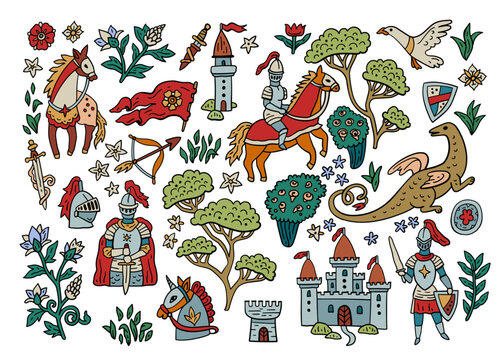 A set of medieval-themed elements. A knight, horse, dragon, and castle set. Inspired by the heroes for boys. Hand-drawn doodles for children's design.
