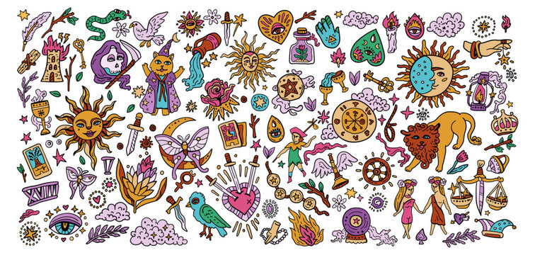Magical vector symbols for fortune telling, magic, predictions, and witchcraft. Large set of tarot elements. Mystical collection of Arcana symbols: the jester, crown, heart, and sword. 