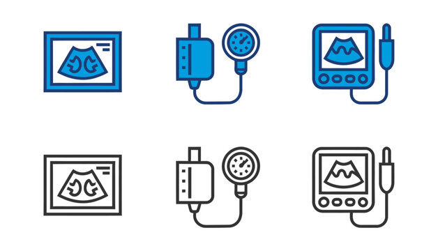 Medical diagnostic equipment icons ultrasound blood pressure monitor and ecg machine line art set