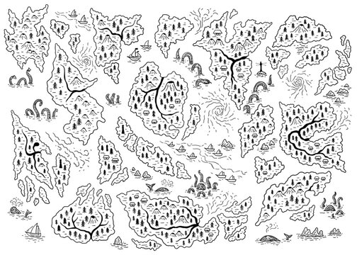Coloring book for kids. Black and white vector drawing for coloring with pencils. A map of a fantasy world with seas, islands, and rivers. A primitive, empty map with monsters and ships.