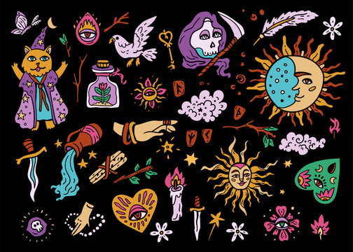 A vector set of tarot elements. Magical symbols for fortune telling, magic, predictions, and witchcraft. A mystical collection of Arcana symbols: the jester, crown, heart, and sword.