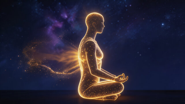 Luminous figure in meditation pose against cosmic background