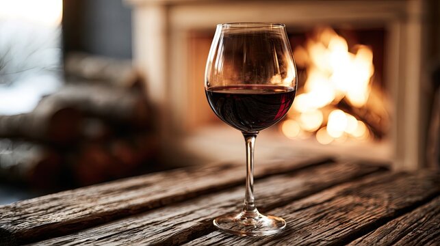 A glass of red wine sits on a rustic wooden table before a warm, glowing fireplace (1)