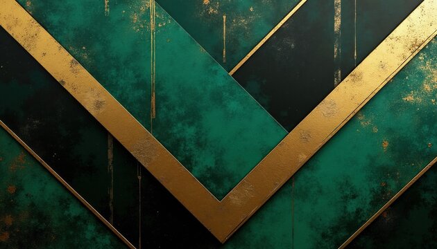 Abstract background with emerald green, gold geometric shapes. Modern luxury wallpaper design features dark textured surfaces with metallic lines. Elegant vintage style pattern adds glamour for pro
