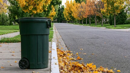 Obraz premium Green wheeled bin curbside on suburban street with autumn leaves