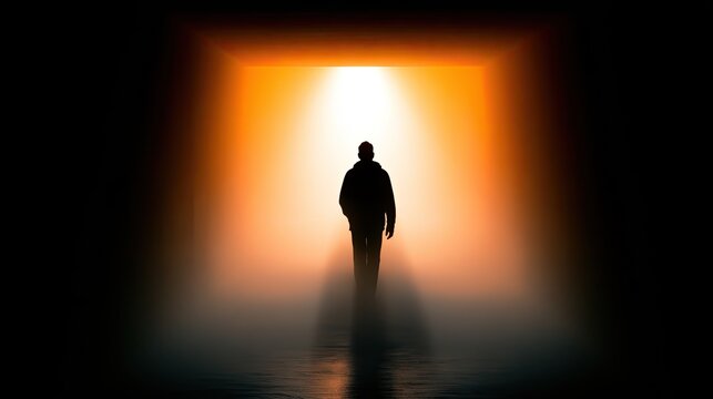Solitary figure walks towards blinding, ethereal light in a dark tunnel