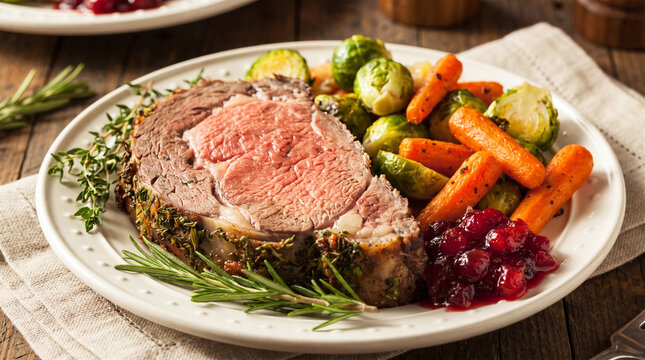 Roasted prime rib beef dinner with brussels sprouts and carrots thanksgiving
