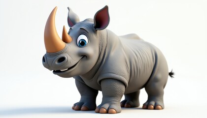 Fototapeta premium Friendly cartoon rhino stands on white background. This smiling mammal with big horn is cute character for kids. Adorable wildlife illustration for fun designs.