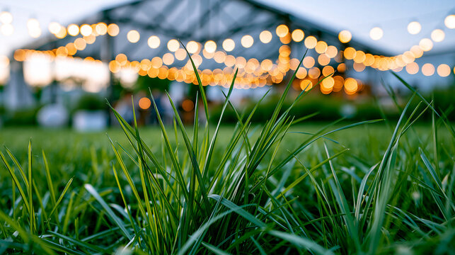 Close-up of fresh green grass with warm bokeh string lights at an outdoor evening event, festive celebration, wedding decor , with copy space