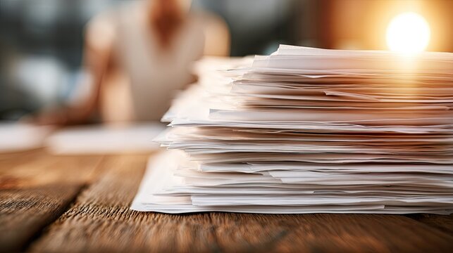 Tall stack of paper on wooden desk, soft focus background, warm sunlight