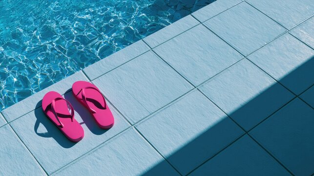 Bright pink flip-flops rest on light blue tiled poolside edge beside sparkling water