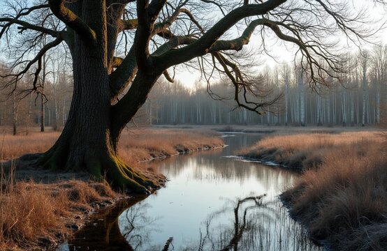 Old oak tree stands by slow river in bare forest. Dry grass lines calm water reflecting bare branches. Misty morning light filters through thin trees, showing winter chill.