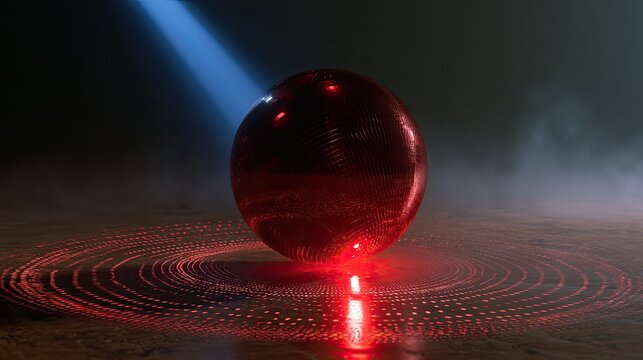 A glowing red orb emits light, casting patterned rings on a dark, smoky surface