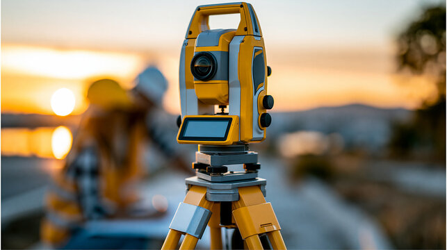 Yellow total station surveying instrument on a tripod at golden sunset, land surveying, civil engineering, infrastructure development , with copy space