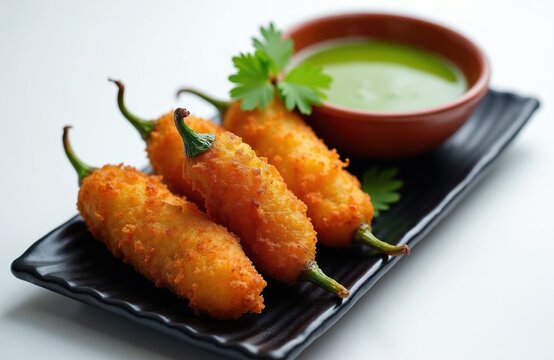 Deep fried spicy chili pakora served with green mint chutney sauce on black plate. Crispy Indian vegetable snack mirchi bajji filled with potato mix ready for tea time. Popular traditional Asian