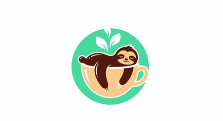 Obraz premium Cute cartoon sloth resting inside a coffee cup logo illustration.