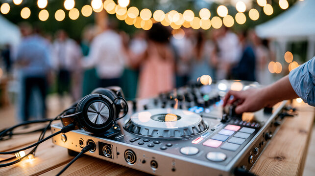 Close-up of a DJ mixer with a blurred dancing crowd at night, wedding celebration, nightlife entertainment , with copy space