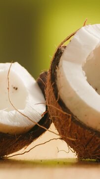 Coconut, Fresh whole and halved coconut isolated on a white background. Tropical exotic fruit with natural brown shell and white flesh. Healthy organic food, vegan ingredient, summer, close-up.