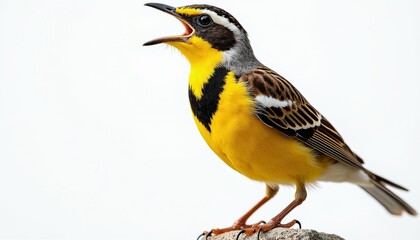 Naklejka premium Western meadowlark bird sings with open beak isolated on white background. Yellow breast features black V shape marking. Small songbird perches on rock. Wild creature vibrant colorful feathers.