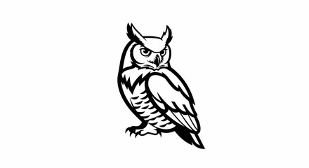 Naklejka premium Stylized black and white line art illustration of a great horned owl.