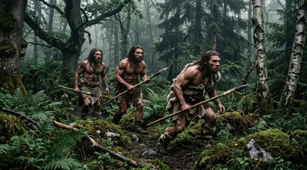 Three muscular prehistoric cavemen hunting in a misty forest. Primitive neanderthal warriors armed with stone tipped spears. Stone age survival and human evolution concept © scaliger