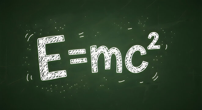Hand drawn E equals mc2 physics formula on green chalkboard background
