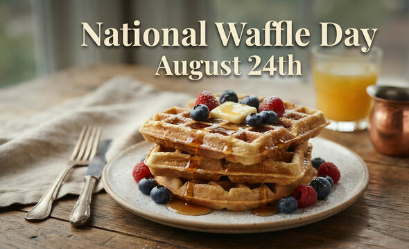National Waffle Day August 24th stack of delicious waffles with berries and syrup