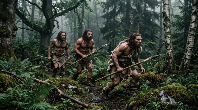 Three muscular prehistoric cavemen hunting in a misty forest. Primitive neanderthal warriors armed with stone tipped spears. Stone age survival and human evolution concept