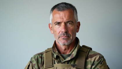Fototapeta premium Mature male soldier wearing camouflage military uniform stands against neutral grey background. Caucasian veteran serious face expression, confident look. Experienced fighter shows strength,