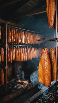 Smoked fish hanging on metal racks over smoking embers in traditional wooden smokehouse