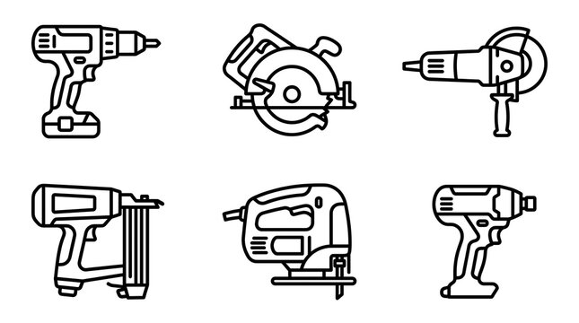 Power Tool Line Icon Set for Construction and DIY Projects