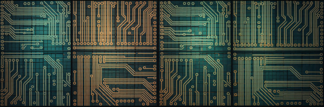 Flat lay of digital circuit board with glowing golden and teal connection lines