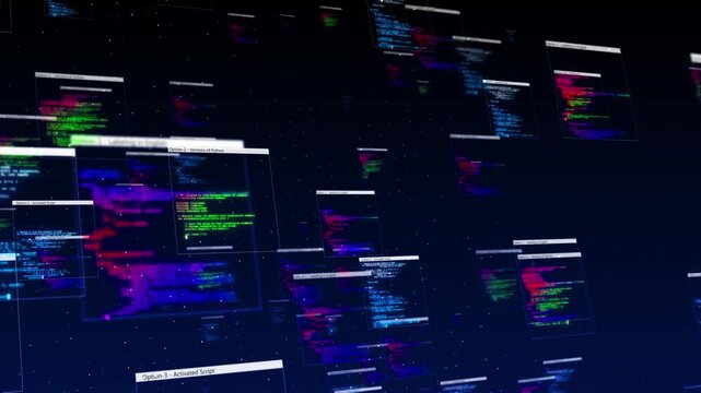 Programming interface panels motion floating code screens, colorful syntax, deep digital workspace background. software demos, AI , data projects, cyber training, app development, 19