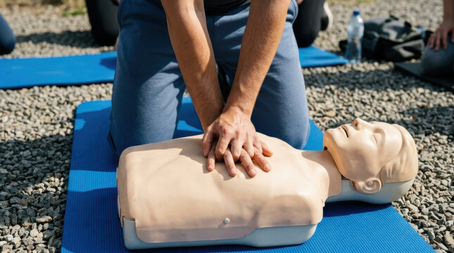 First aid instructor demonstrating effective chest compressions on CPR training mannequin during emergency response session highlighting basic life support, rescue skills and medical education