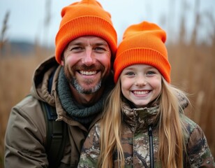 Obraz premium Happy father, young daughter wear bright orange hats outdoors. Bearded man with child smile together during autumn hunt. Family portrait in camouflage gear stands in dry grass field. Outdoor