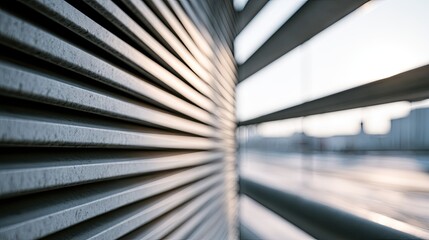 Naklejka premium Horizontal louvers catch soft light, blurring a distant urban landscape